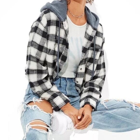 AE Cozy Cabin Oversized Hoodie Button Down Flannel Lightweight Jacket Top - Picture 1 of 13